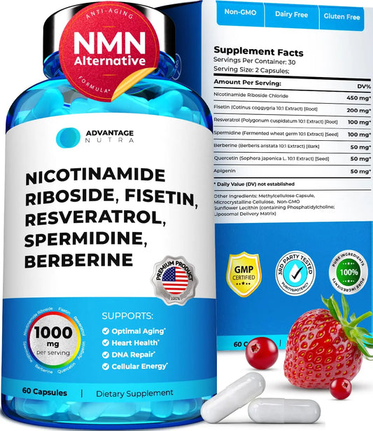 AdvantageNutra Liposomal Nicotinamide Riboside NR Supplement Resveratrol NAD : Nicotinamide 500mg w/Fisetin, Resveratrol Powder Spermidine Berberine NAD Resveratrol Supplement 500 mg - 60 caps 1 Pack AdvantageNutraAU supplements