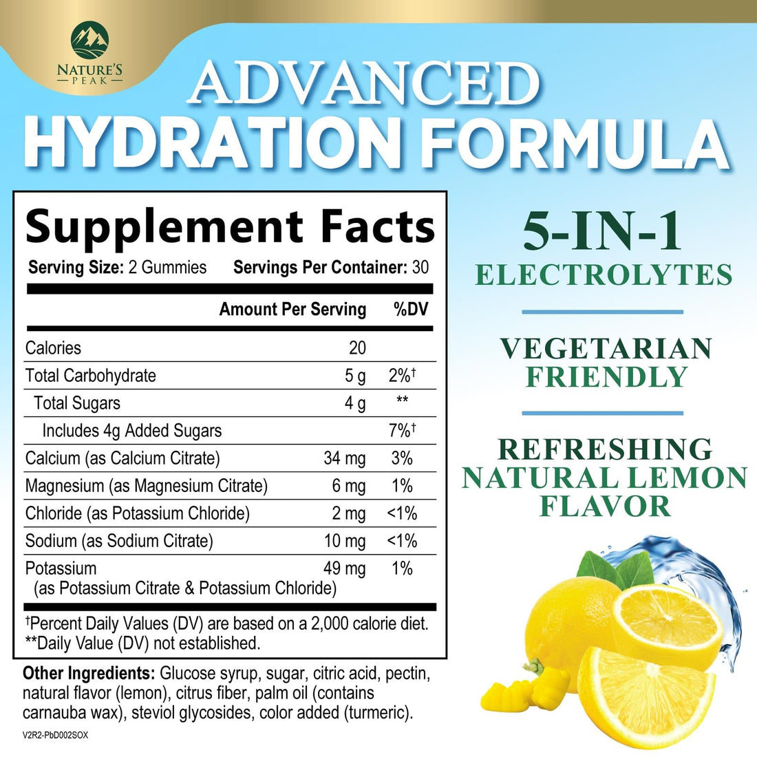 Hydration Electrolyte Gummies - Daily Liquid Replenisher Gummy - Electrolyte Multiplier with Minerals, Potassium & Real Salt - Vegan, Non-GMO - Tasty Lemon Flavor Hydration Electrolytes - 60 Gummies Nature's Peak uk supplements