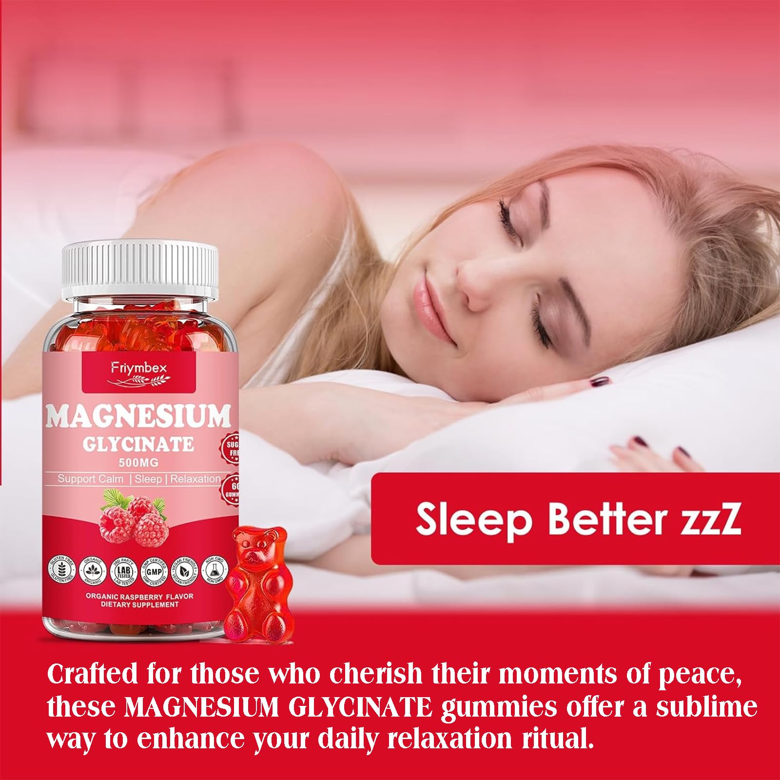 Magnesium Glycinate Gummies 500mg | Relaxation Calm Magnesium Gummies | Sugar-Free | Non-GMO | Gluten-Free | Vegan-Friendly for Adults & Kids (60 Raspberry Gummies) Friymbex Au supplements