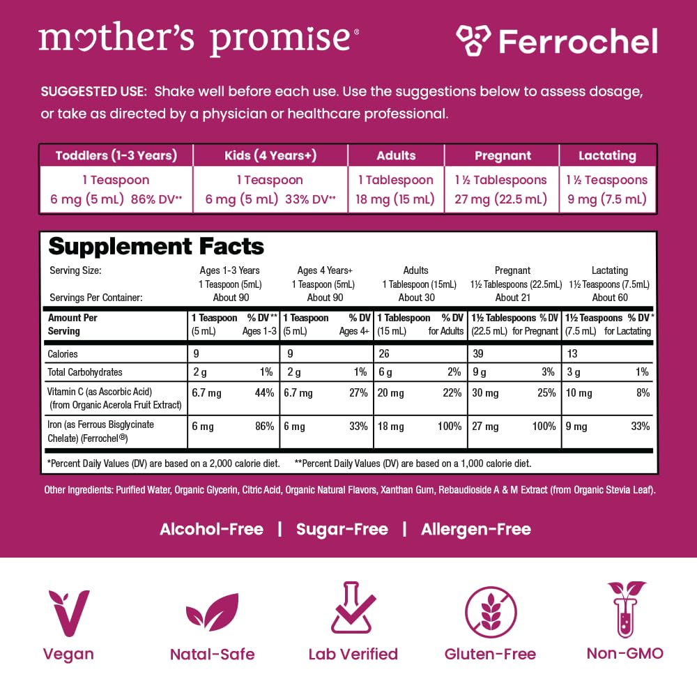 Organic Liquid Iron Supplement for Women, Men & Kids with Vitamin C | Sugar Free Natural Berry Flavor Non Constipating Vegan Ferrochel Mother's PromiseUS supplements