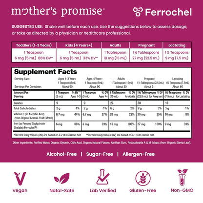 Organic Liquid Iron Supplement for Women, Men & Kids with Vitamin C | Sugar Free Natural Berry Flavor Non Constipating Vegan Ferrochel Mother's PromiseUS supplements