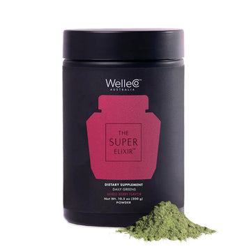 WelleCo The Super Elixir Daily Greens Powder, Probiotic Drink Mix with Whole Foods, Gluten Free, Vegan Gut Health Powder, Energy, Immunity, Healthy Skin, Hair & Nails (300g, Mixed Berry) WelleCo Au supplements