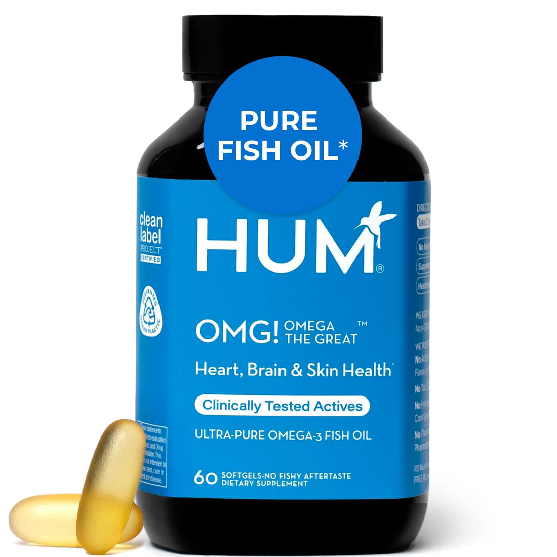 HUM OMG! Omega The Great Triple Omega 3 Fish Oil Supplement for Women & Men with Vitamin E, DHA & EPA, Skin Care & Skin Tone Support for Heart & Brain Health, Gluten Free, Non GMO, 60 Softgels HUM Au supplements