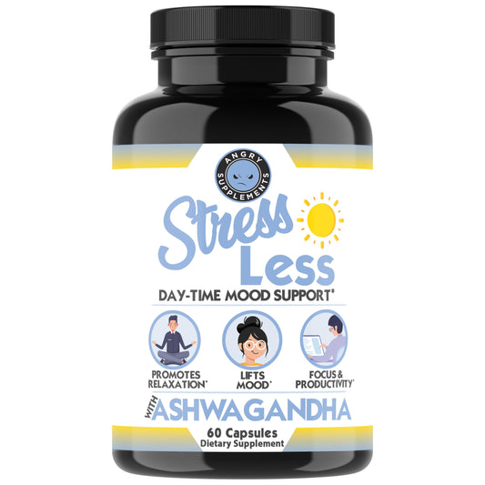 Angry Supplements Stress Less Day-Time Mood Support Pills – Natural Stress Relief with Ashwagandha, Rhodiola, L-Theanine, Magnesium & B Vitamins– Calm Focus & Mental Clarity – 60 Capsules (1-Bottle) Angry SupplementsAu supplements