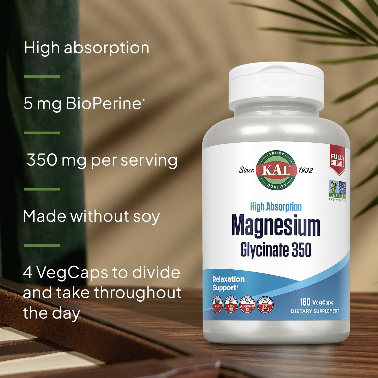 KAL Magnesium Glycinate Capsules, Fully Chelated Magnesium Bisglycinate, High Absorption Magnesium Supplement, Healthy Bones, Muscle, Relaxation and Stress Support, Non-GMO 160 count KAL Au supplements