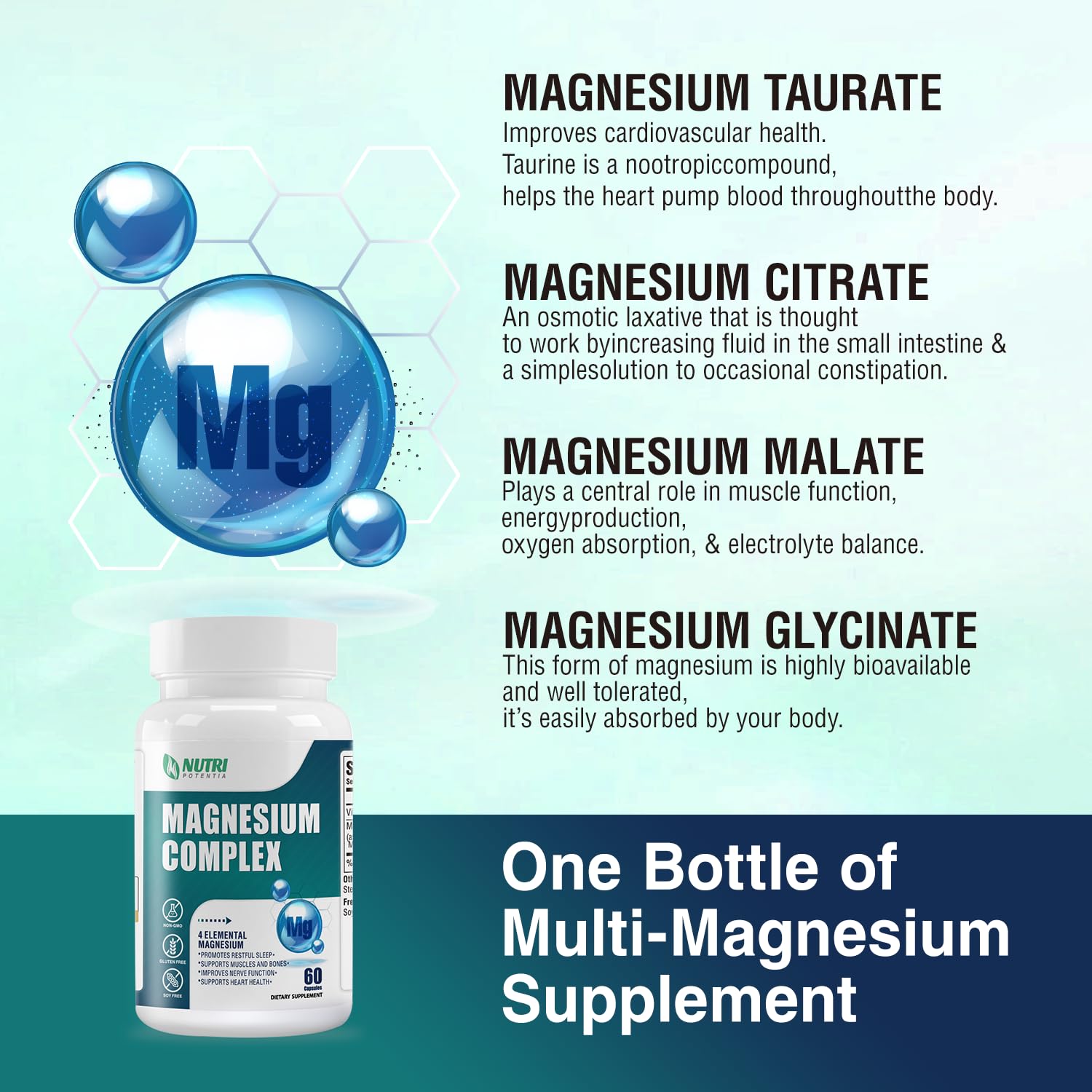 Magnesium Complex for Women&Men,With Glycinate Malate Citrate Taurate.Support for Sleep,Stress Relief,Cognitive Function,Magnesium Supplement 500mg,Third-Party Tested(Made & Tested in USA)-60 Capsules NUTRI POTENTIA Au supplements