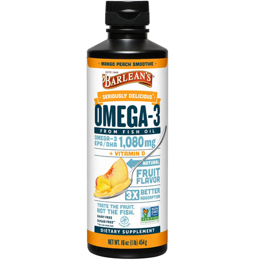 Barlean's Omega 3 Fish Oil Liquid Supplement with Vitamin D for Men and Women, 1080mg of EPA and DHA Fatty Acid, Promotes Brain & Heart Health - Non-GMO, Mango Peach, 16 oz Barlean'sAU supplements