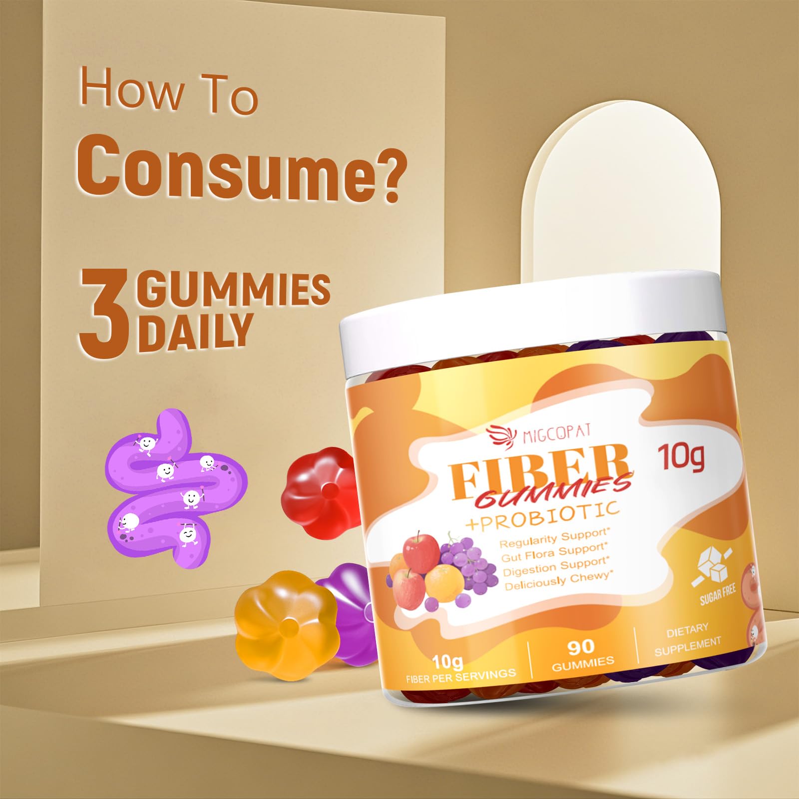 Migcopat 10G Fiber Gummies with Probiotics, Fiber Supplement with 30 Billion CFU Probiotics Blend, ACV, Vitamin C, Inulin - Support Digestive Health - No Sugar Added - Fruit Flavored - 90 Count Migcopat Au supplements