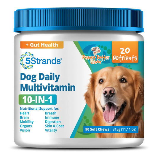 5Strands Dog Multivitamin Chews, 10-in-1, Vitamins & Postbiotics, All Ages & Breeds - Digestion, Brain, Organs, Heart, Mobility, Vision, Skin & Coat, Immunity - Dog Supplement (Peanut Butter, 90ct) 5StrandsAU supplements