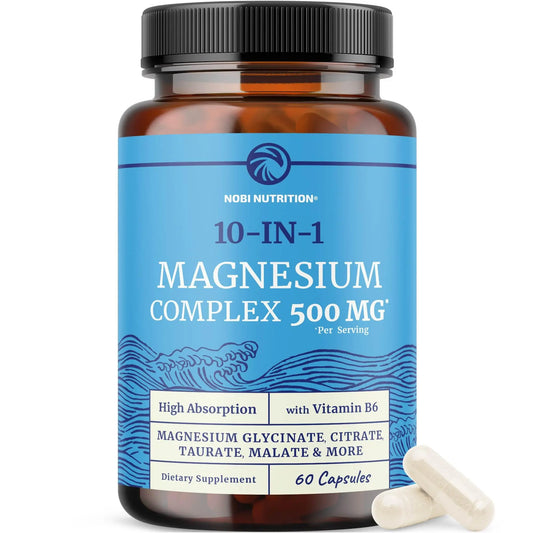 10 in 1 Magnesium Complex Supplement 500MG | Magnesium Citrate, Mag Glycinate, Malate & More | High Absorption Mag Complex with Vitamin B6 | Bone, Muscle & Heart Health Support | Non-GMO | 60 Ct. Nobi NutritionAu supplements