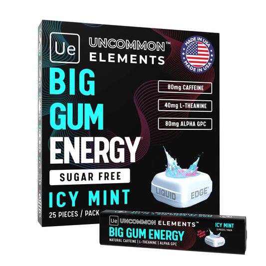 BIG GUM ENERGY & FOCUS – 80mg Caffeine + 40mg L-Theanine + 80mg Alpha GPC – Nootropic Chewing Gum for Focus, Energy & Execution – Icy Mint – 25 Pieces (5 Packs) Gym & Work Execution. UNCOMMON ELEMENTSAU supplements