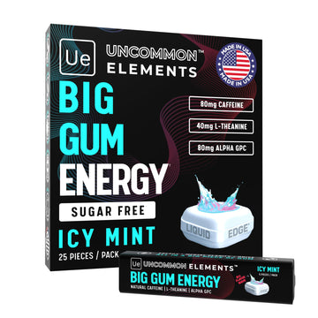 BIG GUM ENERGY & FOCUS – 80mg Caffeine + 40mg L-Theanine + 80mg Alpha GPC – Nootropic Chewing Gum for Focus, Energy & Execution – Icy Mint – 25 Pieces (5 Packs) Gym & Work Execution. UNCOMMON ELEMENTS Au supplements