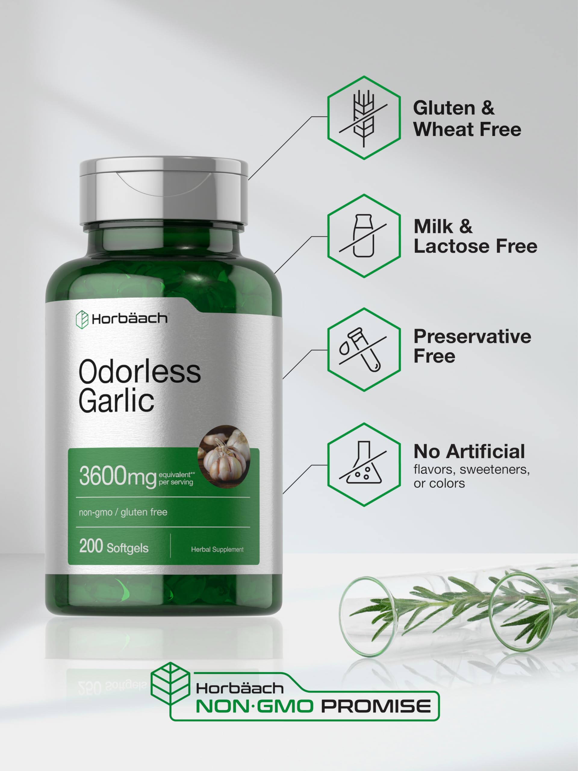 Horbäach Odorless Garlic Softgel Supplement | 200 Count | Ultra Potent Concentrated Herbal Extract | Non-GMO & Gluten Free
