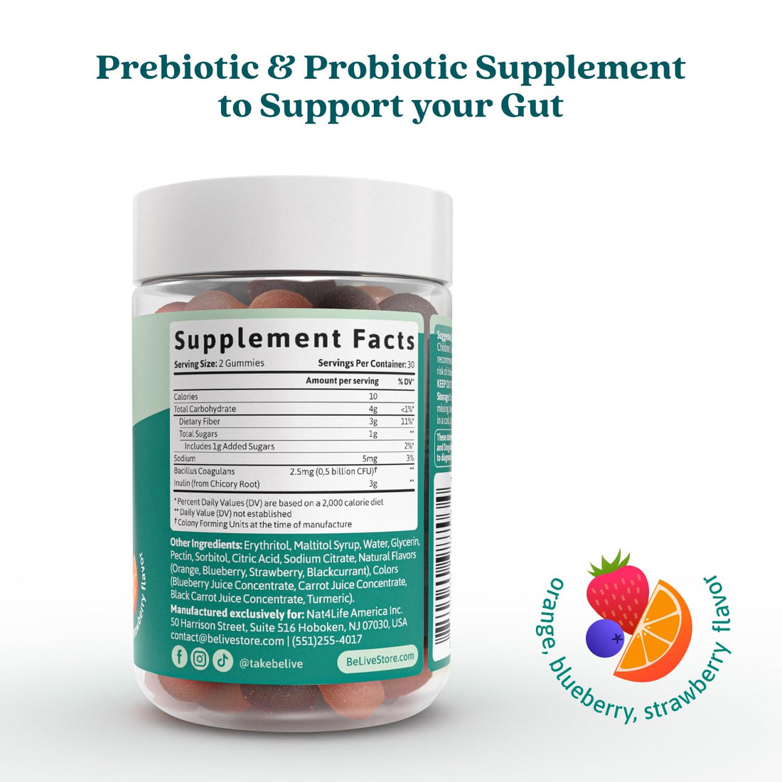 BeLive Synbiotics - Probiotic & Prebiotic Fiber Gummies – High Strength Inulin (3g), Dietary Fiber Supplement, Digestive Support for Kids & Adults - Strawberry, Orange, BeLive uk supplements