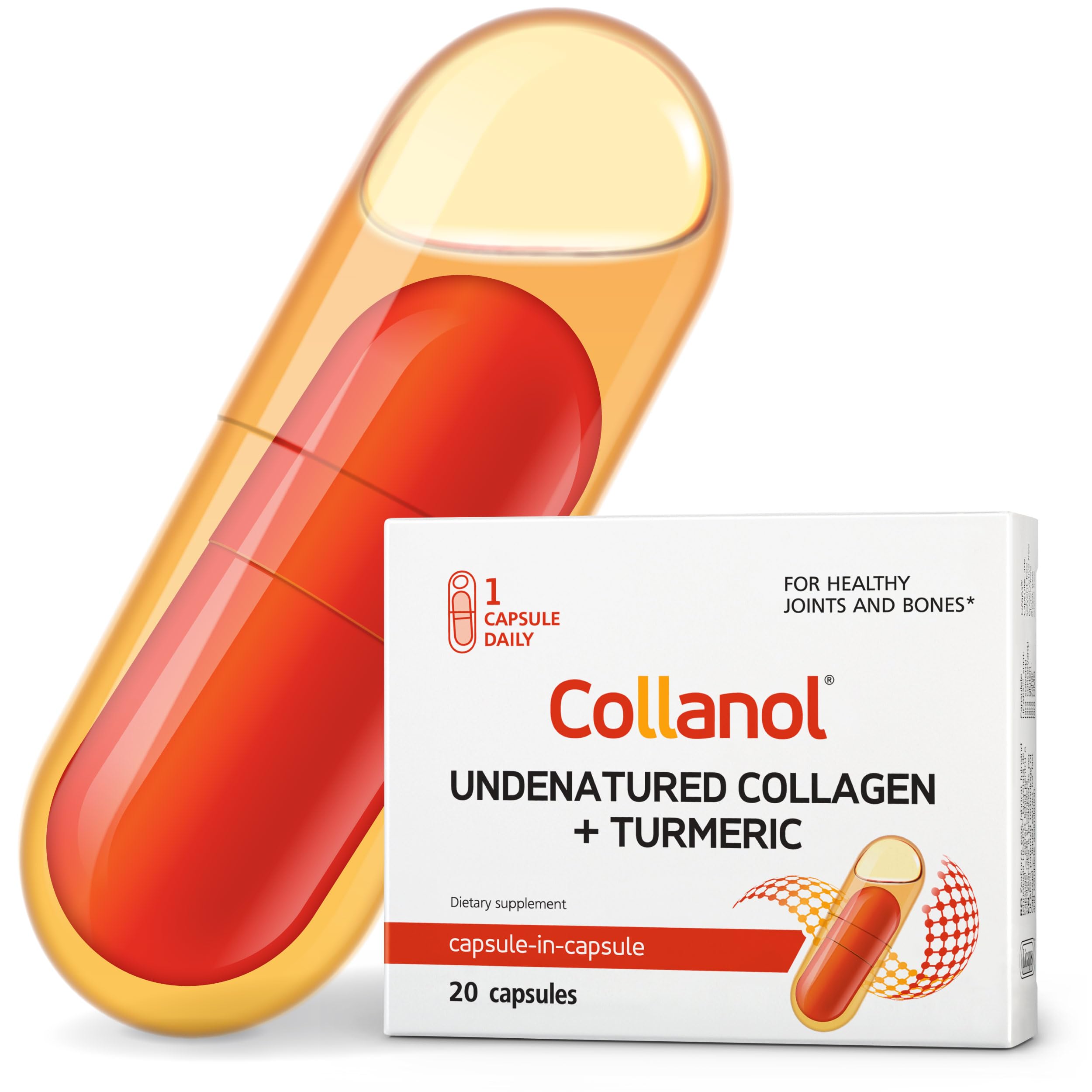 Innovation in The Care of Healthy Joints – Liquid Formula in a Double Capsule. 3D Collagen + Micelle Extract of Turmeric Roots 1 Capsule/Day. Laboratory Tested Collanol Au supplements