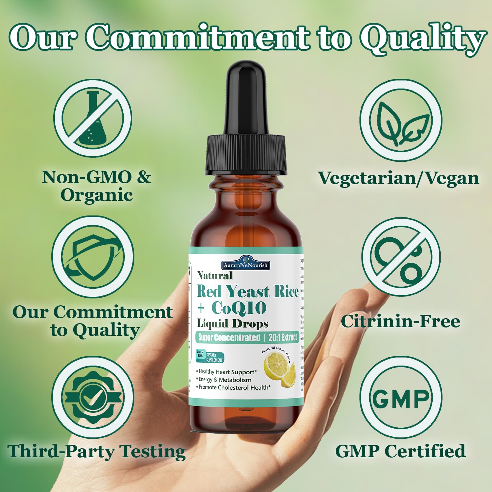 Liposomal Red Yeast Rice with Coq10 Liquid Drops, 5-in-1 Extra Strength 1200mg Cholesterol & Heart Support w. Citrus Bergamot Alpha Lipoic Acid | Cholesterol Lowering Supplement | GMO & Citrinin Free AuraraNeNourish Au supplements