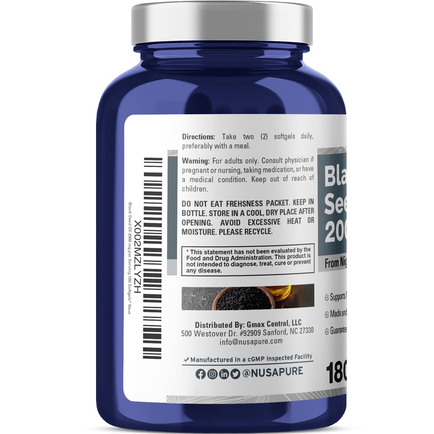 NusaPure Black Seed Oil 2000mg per Serving - 180 Softgel Caps (Non-GMO, Gluten-Free) Cold-Pressed Nigella Sativa NusaPure Au supplements