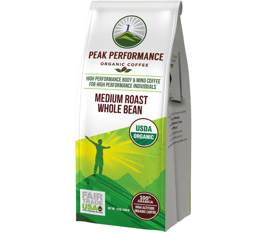 Peak Performance High Altitude Organic Coffee - Fair Trade, Low Acid, Non GMO, and Beans Full of Antioxidants - Medium Roast Smooth Tasting USDA Certified Organic Whole Bean Coffee Bag 12 oz Peak PerformanceAU supplements