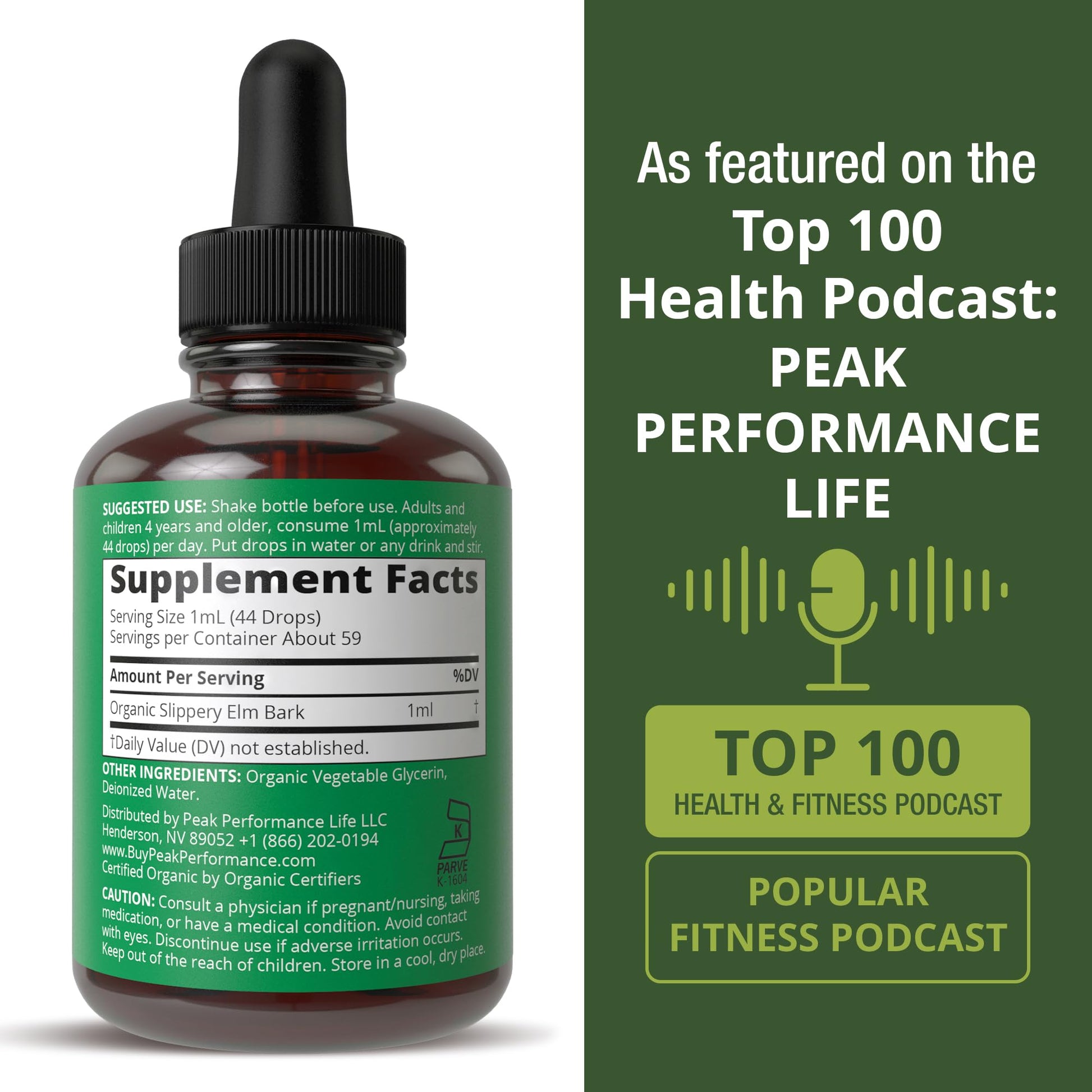 Slippery Elm Bark USDA Organic Vegan Liquid Drops. Extract with High Bioavailability for Women, Men, Kids. for Sore Throat, Irritated Stomach. Zero Sugar, Gluten Free, Tincture Supplement No Capsules Peak Performance Au supplements