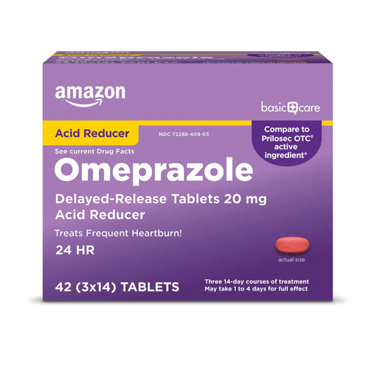 Amazon Basic Care Omeprazole Delayed Release Tablets 20 mg, Acid Reducer, treats frequent heartburn,, Cream, Regular, 42 Count (Pack of 1), 42 Count, Amazon Basic CareAu supplements