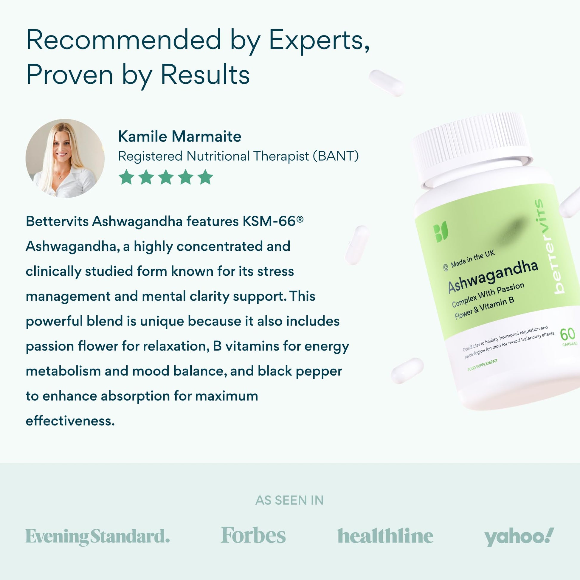 Bettervits Ashwagandha Complex with Passion Flower and Vitamin B – KSM-66® Organic Root Extract 800 mg – Supports Calm, Energy and Emotional Balance – 60 Capsules Bettervits Au supplements