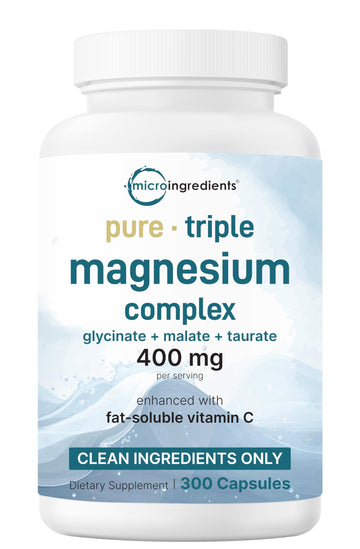 Micro Ingredients Pure Magnesium Complex, 300 Capsules | Triple Magnesium Glycinate, Malate, Taurate with Vitamin C | 100% Chelated | Supports Muscles, Nerves, & Energy | Only Active Ingredients Micro Ingredients Au supplements
