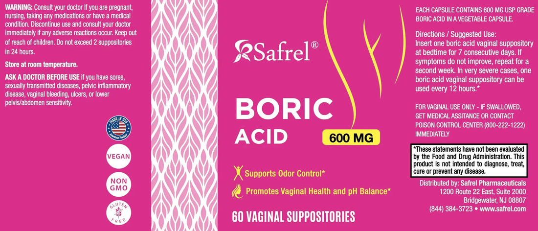 Safrel Boric Acid Vaginal Suppositories - 100% Pure Made in USA - Intimate Health Support, Vaginal Health and pH, Odor Control (60 Count) Safrel Au supplements