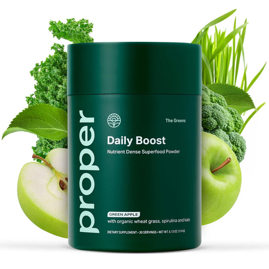 Proper, The Greens Daily Boost Organic Greens Powder. Whole Food, Apple Flavour Veggie Powder Superfood with Wheatgrass, Spirulina, Chlorella, Probiotics. ProperUS supplements