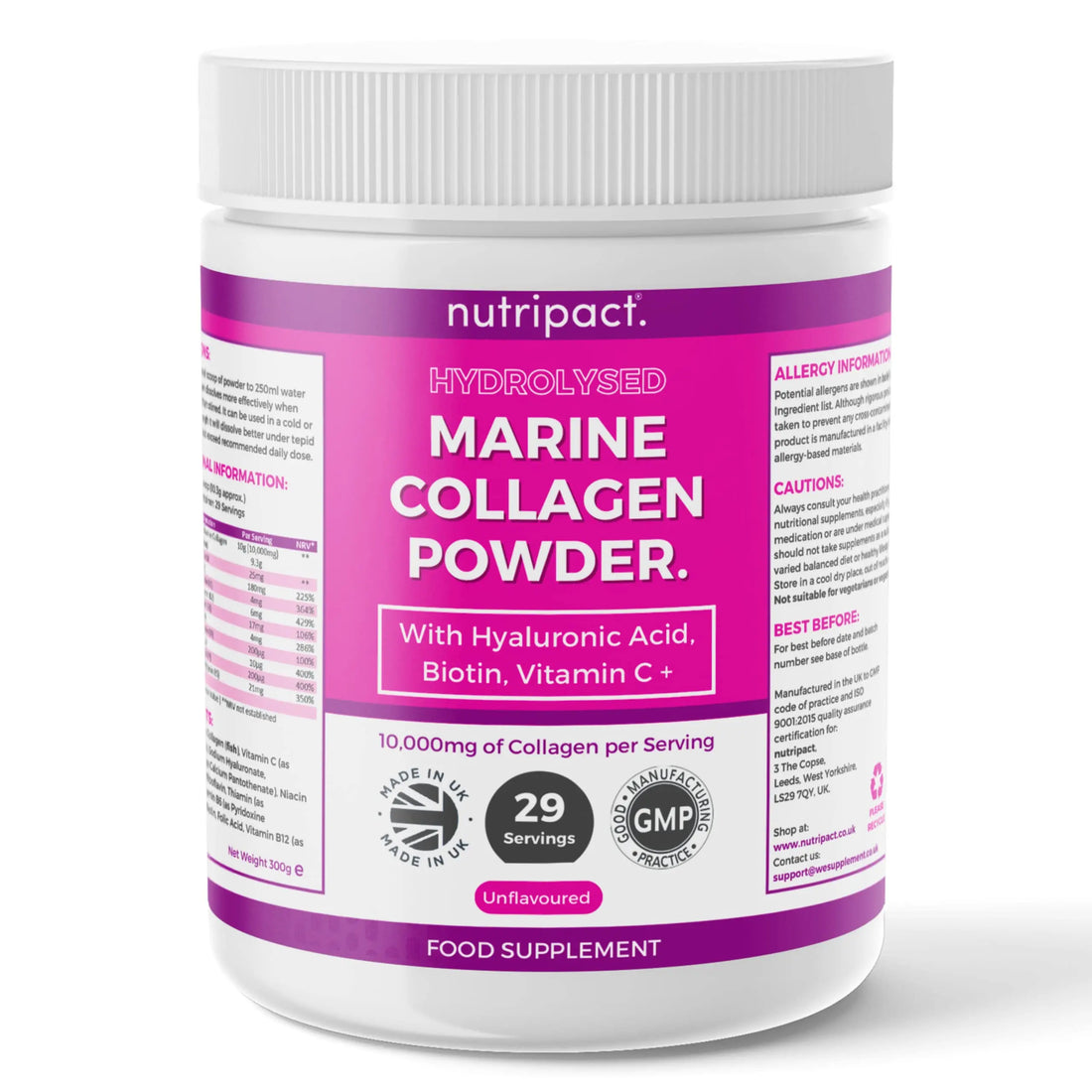 Hydrolysed Marine Collagen Peptides Powder with Hyaluronic Acid, Biotin, Vitamin C & B Vitamins – 10,000mg Collagen nutripact uk supplements
