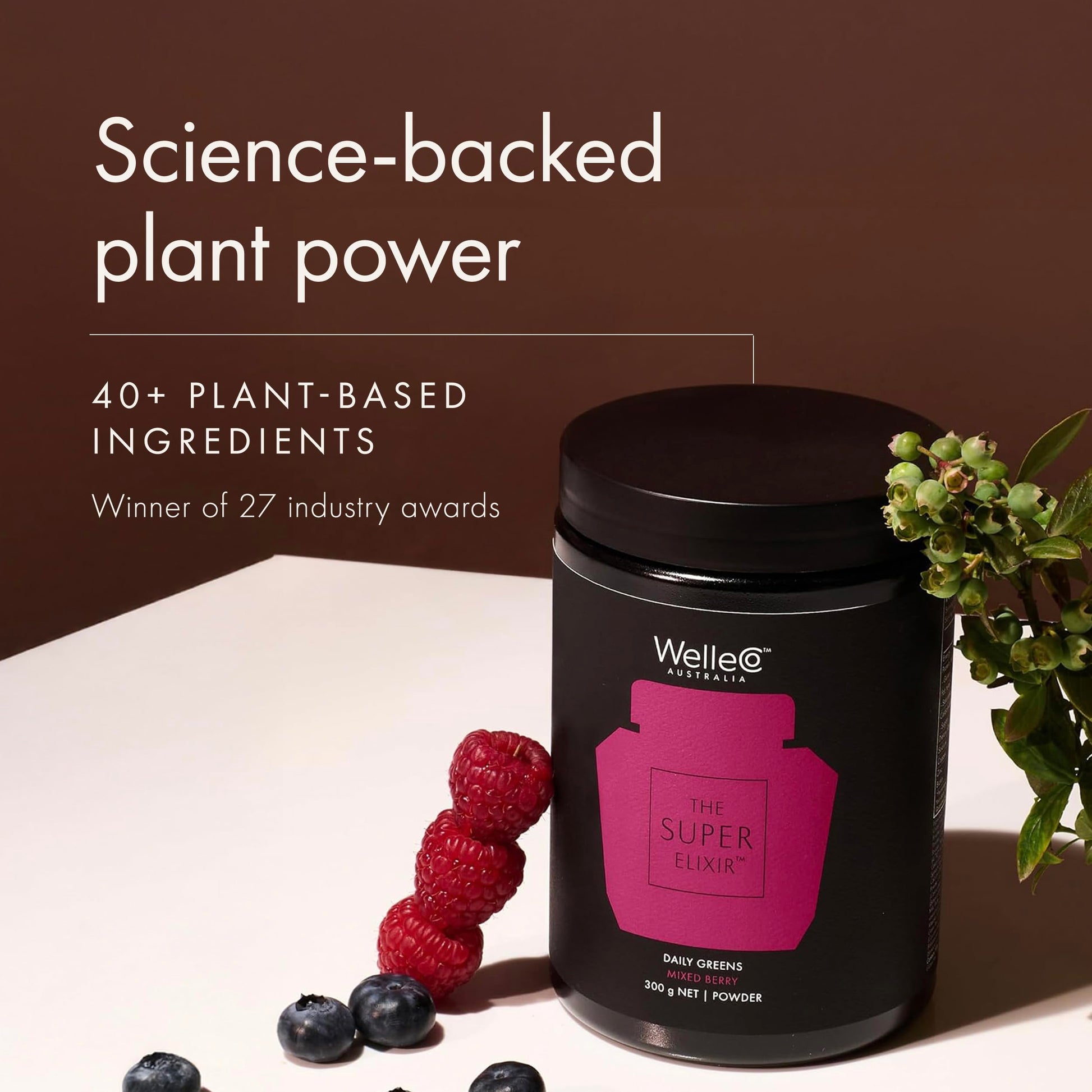 WelleCo The Super Elixir Daily Greens Powder, Probiotic Drink Mix with Whole Foods, Gluten Free, Vegan Gut Health Powder, Energy, Immunity, Healthy Skin, Hair & Nails (300g, Mixed Berry) WelleCo Au supplements