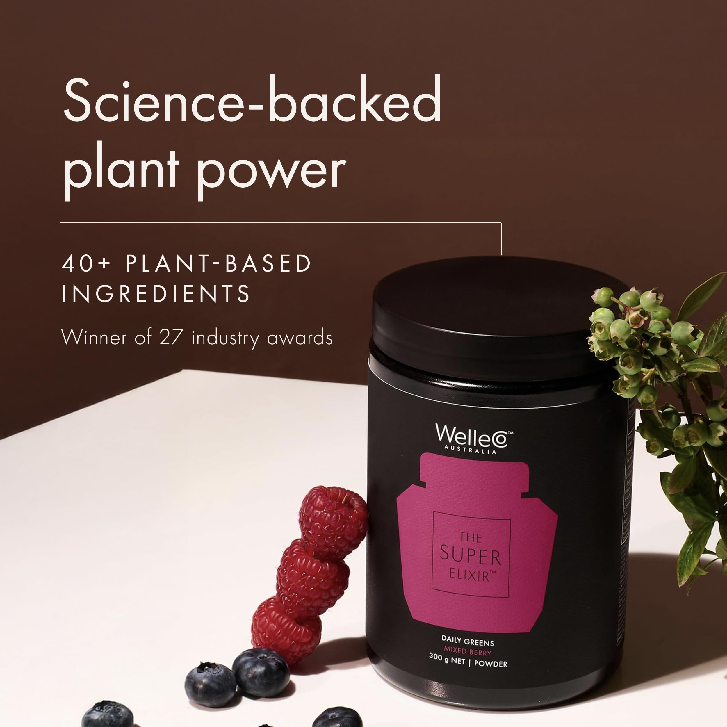 WelleCo The Super Elixir Daily Greens Powder, Probiotic Drink Mix with Whole Foods, Gluten Free, Vegan Gut Health Powder, Energy, Immunity, Healthy Skin, Hair & Nails (300g, Mixed Berry) WelleCo Au supplements