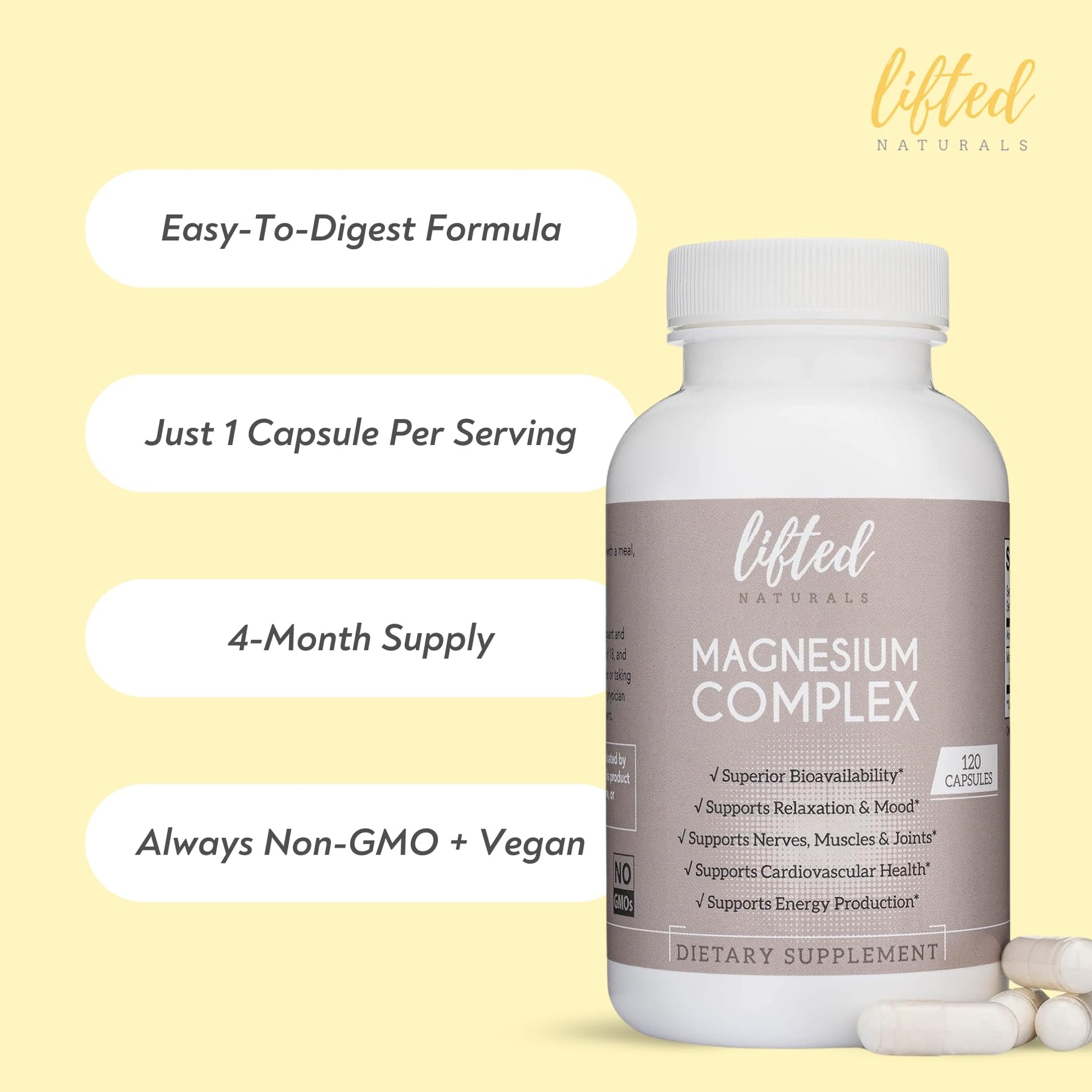 Magnesium Complex - Lifted Naturals Magnesium Supplement w/Bisglycinate, Malate, Taurate - 120 Capsules - Bioavailable Magnesium Formula for Mood, Sleep, Energy Support* Lifted Naturals Au supplements