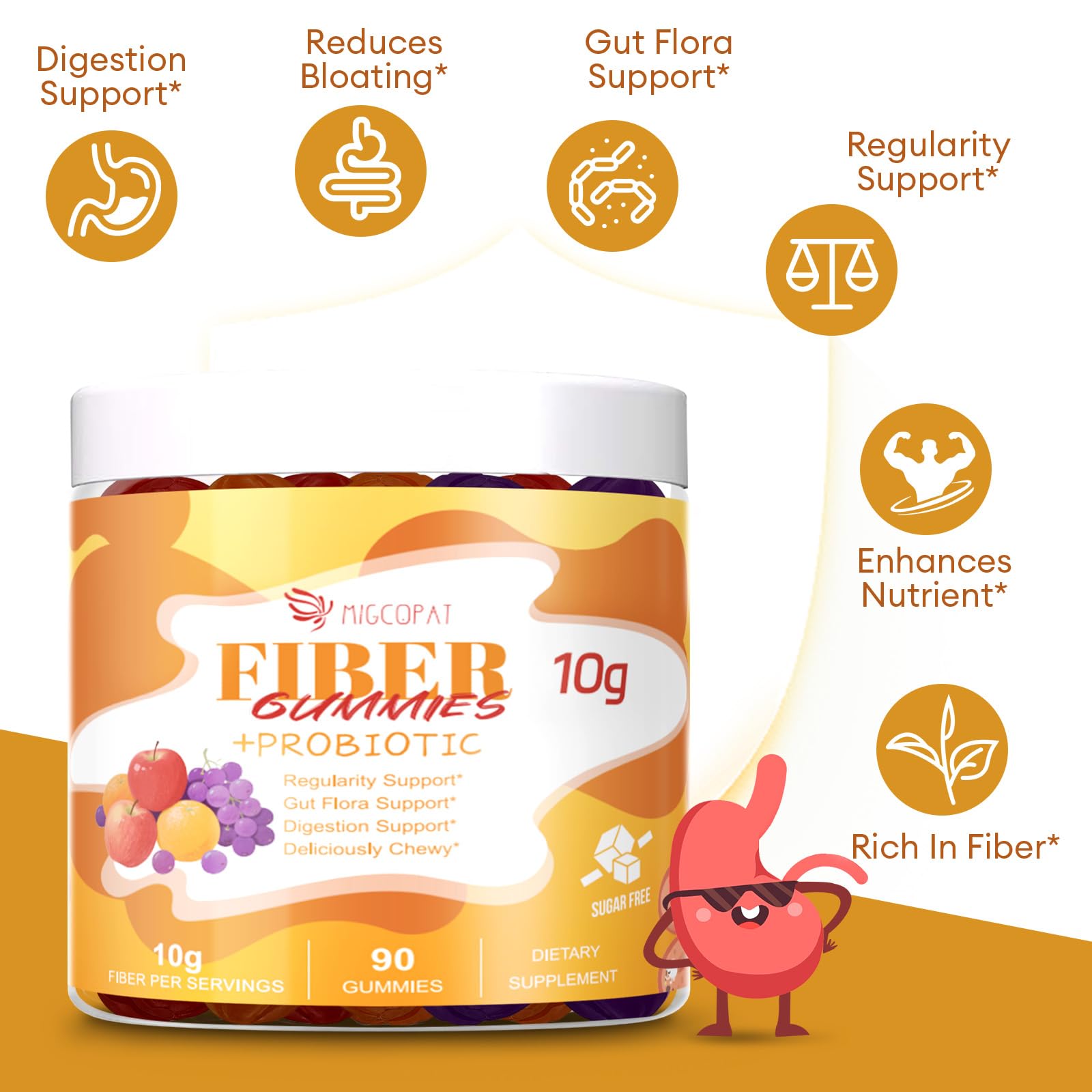 Migcopat 10G Fiber Gummies with Probiotics, Fiber Supplement with 30 Billion CFU Probiotics Blend, ACV, Vitamin C, Inulin - Support Digestive Health - No Sugar Added - Fruit Flavored - 90 Count Migcopat Au supplements