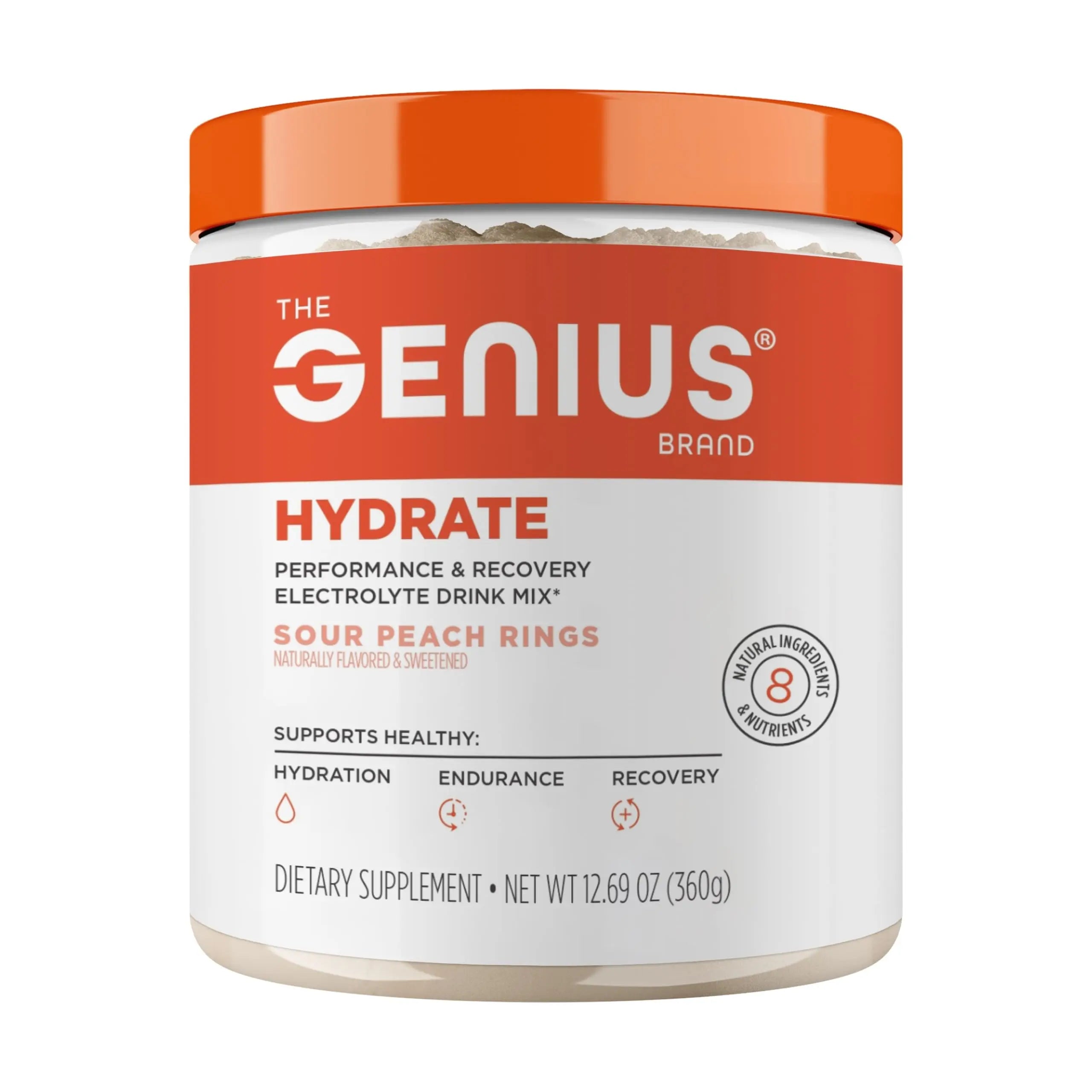 The Genius Brand Genius Hydrate - Electrolyte Supplement for Daily Hydration - Coconut Water - Sugar-Free - 8 Essential Minerals & Nutrients - Non-GMO - Sour Peach Rings - 50 Servings The Genius Brand Au supplements