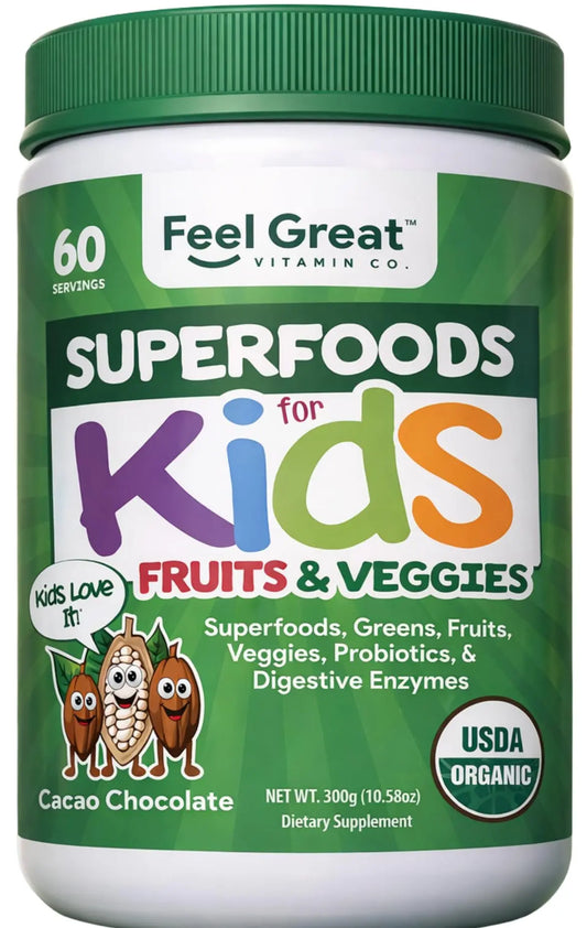 Feel Great USDA Organic Super Greens Powder for Kids - Cocao Chocolate | Fruit & Veggie Supplement | Superfood Powder with Probiotics & Digestive Enzymes for Digestive Health | 60 Days Supply The Feel Great Vitamin CompanyAU supplements