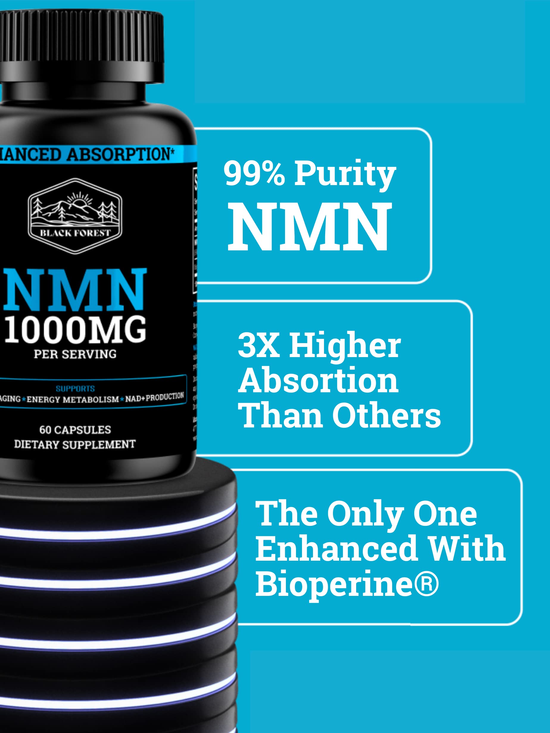 Black Forest NMN Supplements 1000mg (Nicotinamide Mononucleotide) 99% Pure, Stabilized Form, BioPerine® for Enhanced Bioavailability (60 Capsules) (NMN 1000mg per Serving) NAD Supplement for NAD Black Forest Au supplements