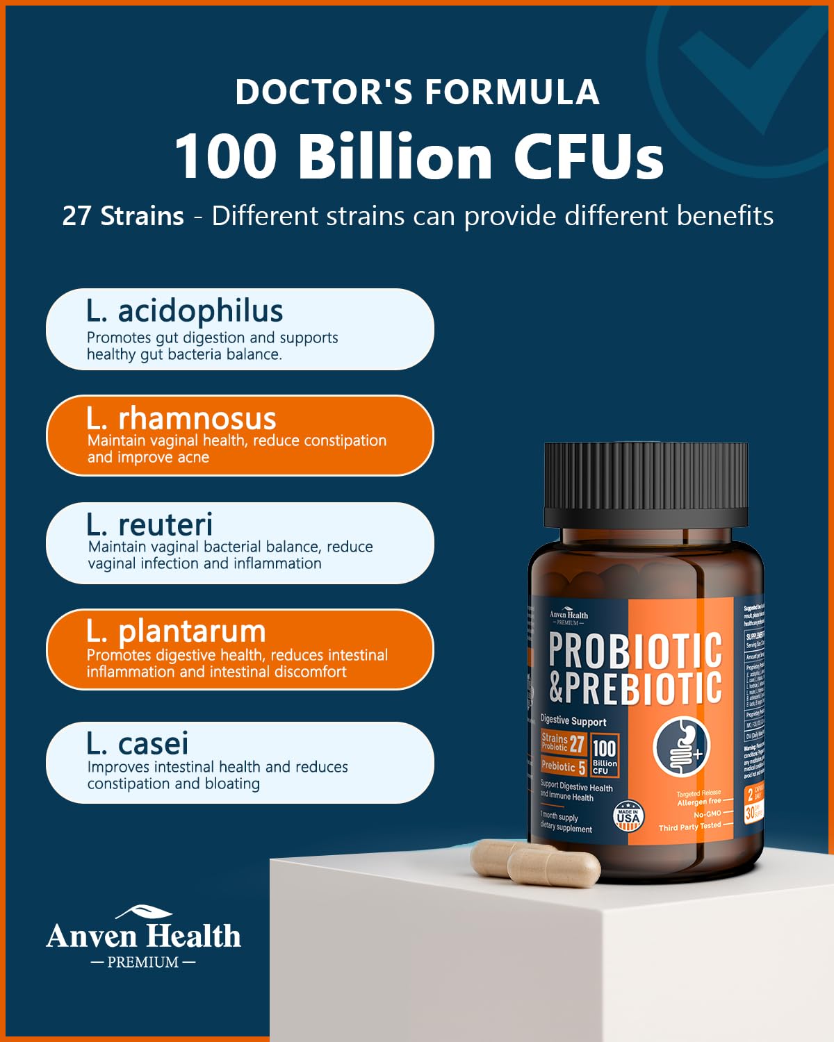 Anven Health 100 Billion Probiotics for Men and Women 27 Strains 5 Organic Prebiotics for Gut Digestive & Immune Health, Supports Diarrhea Gas Bloating, Non-GMO, Zero Fillers – Made in USA丨60 Caps Anven Health Au supplements