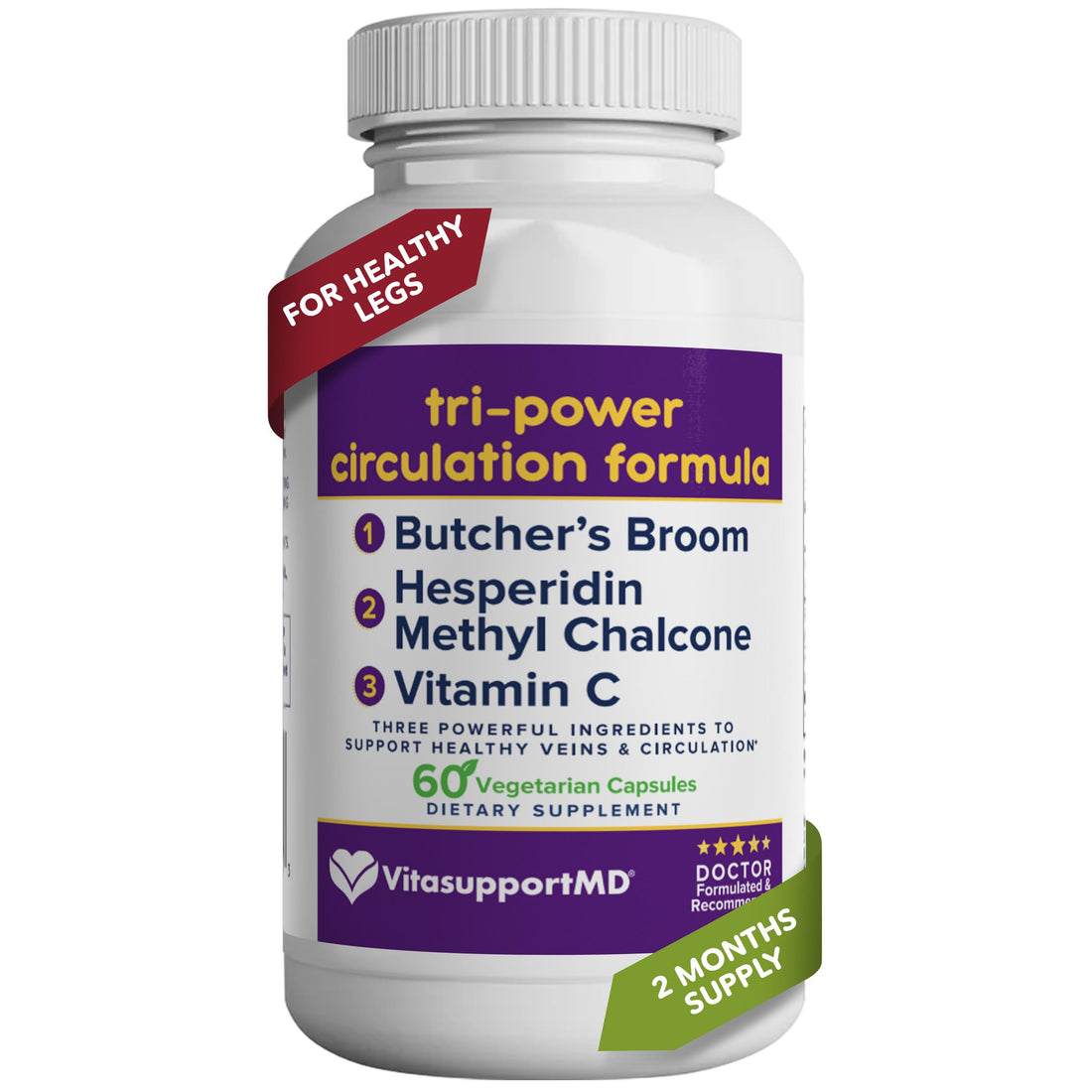 VITASUPPORTMD Tri-Power Circulation Formula - Circulation Supplement with Butcher's Broom, Hesperidin Methyl Chalcone, and Vitamin C, 60 Capsules, for Blood and Leg Circulation, Vein Health Support VITASUPPORTMD Au supplements