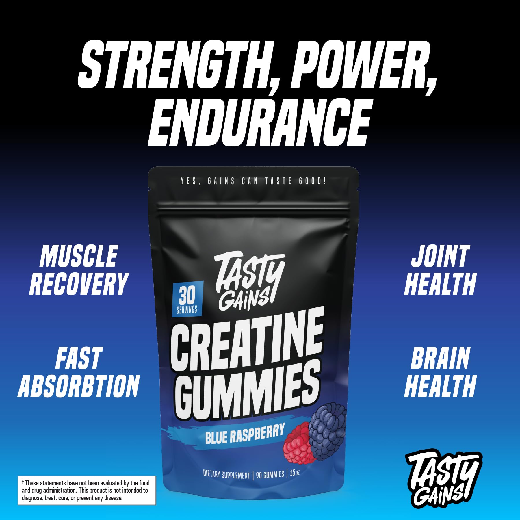 TASTY GAINS Creatine Gummies - 90g of Creatine Monohydrate - Workout Supplements - Build Muscle & Boost Strength for Men & Women - Made in USA - Non GMO - Vegan Friendly (Large, Blue Raspberry) TASTY GAINS Au supplements