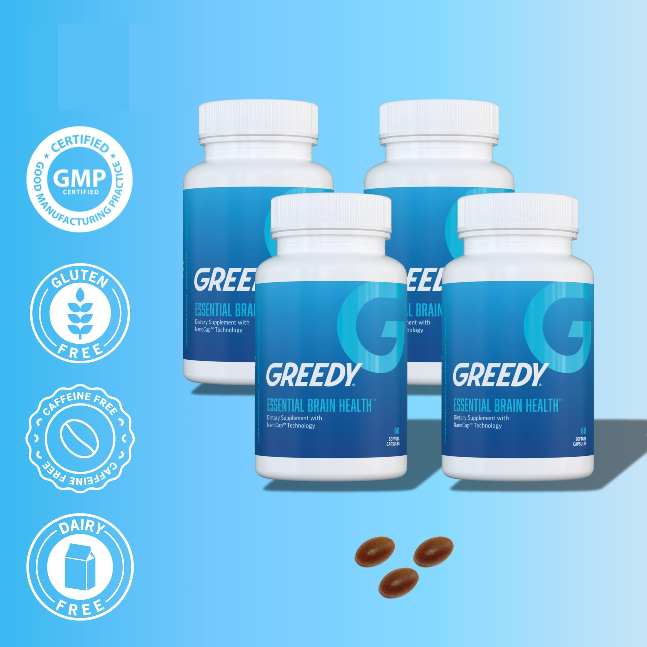 Essential Brain Health Supplements Nootropic for Memory and Focus – for Adults with NanoCap® Technology, Phosphatidylserine, Bacopa, Ginkgo Biloba, Omega 3, B6, B12, 60 Softgels by Greedy® Nutrition Platinum Health Au supplements