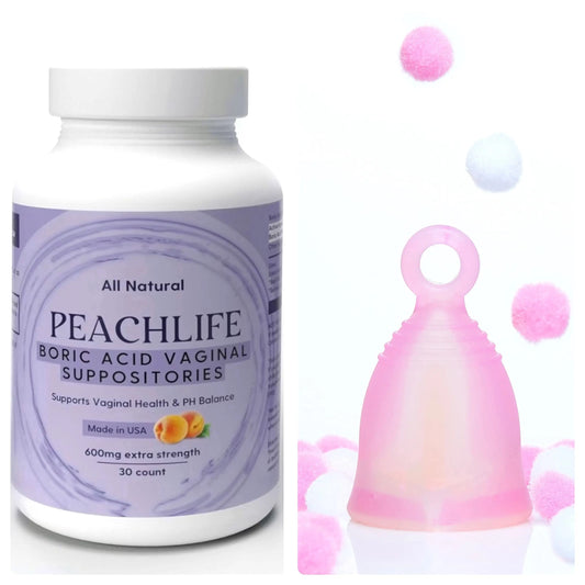 Peachlife Boric Acid Suppositories and Small Soft Menstrual Cup with Ring Pull PeachlifeAU supplements