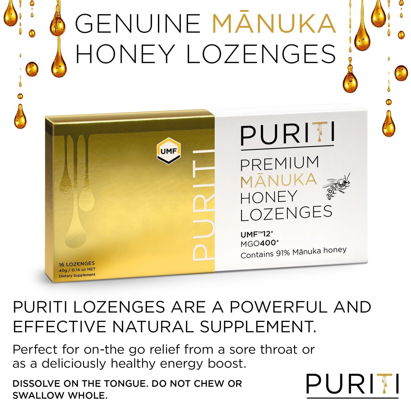 PURITI Premium Manuka Honey Lozenges High Potency - Sugar Free Drops | Genuine New Zealand Raw Manuka Honey Soothers for Coughs & Sore Throats | UMF Certified MGO 400+ UMF12+ (16 Pack) PURITI buy supplements Au