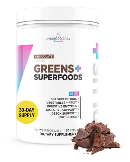 Livingood Daily Greens & Superfood Powder, Super Greens for Gut Health, Green Juice Powder with Spirulina, Chlorella, and Digestive Enzymes, Probiotics for Digestive Support, Chocolate, 30 Servings Livingood DailyAu supplements
