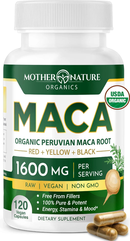 Mother Nature Organic Maca Root Capsules – 1600mg, 120 Vegan Capsules – Non GMO Peruvian Yellow, Red & Black Maca for Men & Women - Energy, Hormone, Brain & Weight Well-Being Mother Nature Organics Superfoods for Organic LivingAU supplements