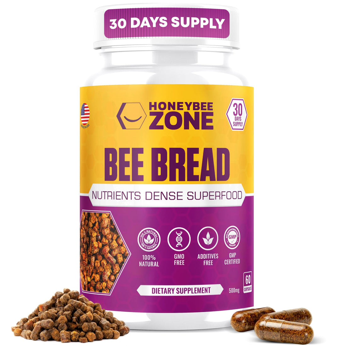 HONEYBEEZONE-Bee Bread Capsules – Nutrient-Rich Superfood for Energy Boost, Immune Support Supplement | Non-GMO, Gluten-Free, 60 Easy-to-Swallow Veggie Capsules HONEYBEEZONE uk supplements
