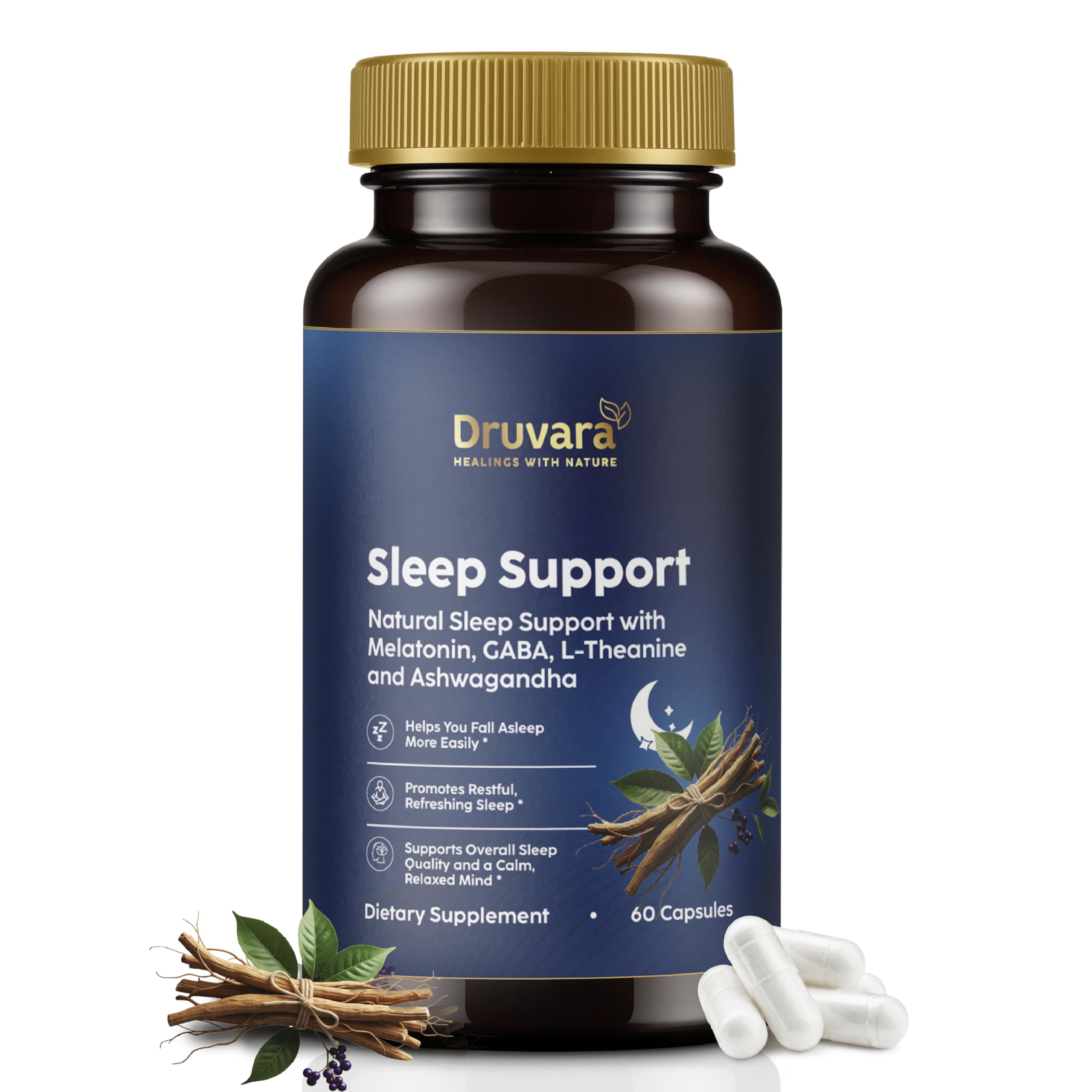Druvara Natural Sleep Aid for Adults with Melatonin, GABA, L-Theanine & Ashwagandha, Natural Sleep Supplement for Deep, Restful Sleep - 60 Capsules Druvara Au supplements