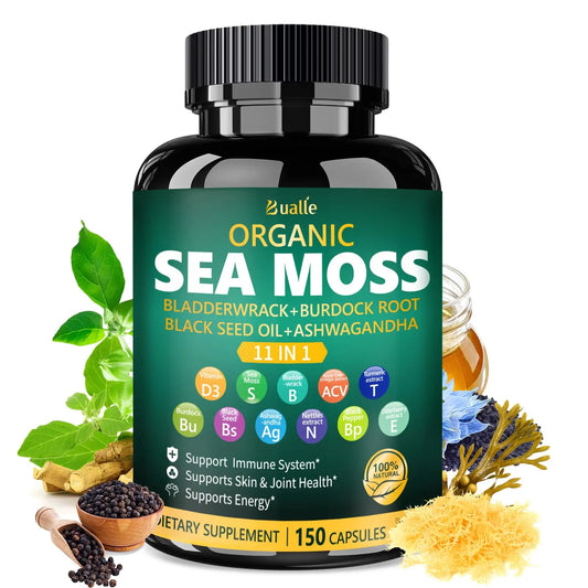 Bualle Irish Sea Moss Capsules – Organic Sea Moss, Black Seed Oil, Ashwagandha Supplements with Bladderwrack, Ginger & Burdock Root – Supports Daily Wellness, Skin & Energy – 150 Count (1 Pack) BualleAu supplements