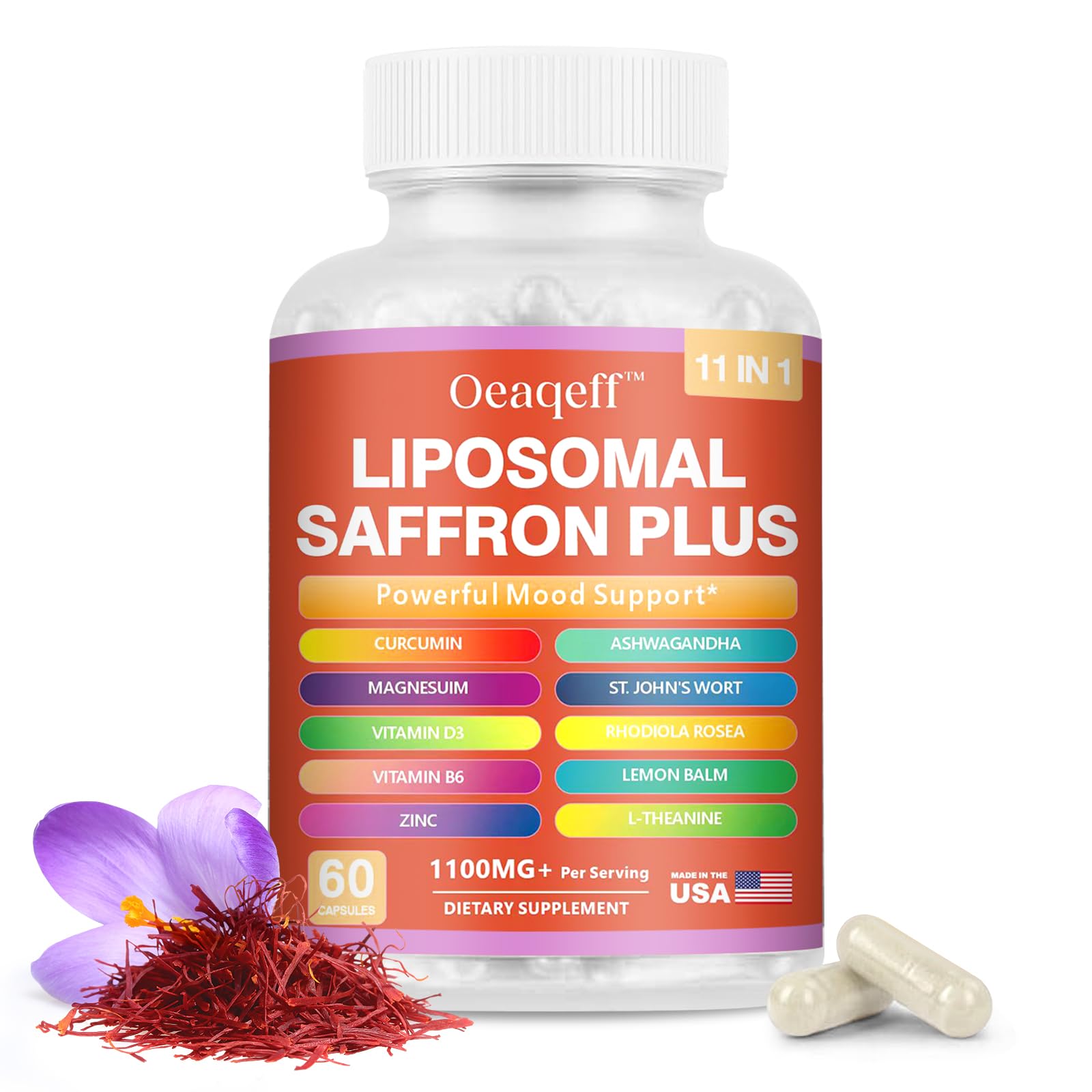 Oeaqeff Liposomal Saffron Supplements -11 in 1 100% Pure Saffron Extract 88.5 mg Maximum Absorption for Mood, Energy & Vision,Vegan, Non-GMO - 60 Vegan Capsules (1) Oeaqeff Au supplements