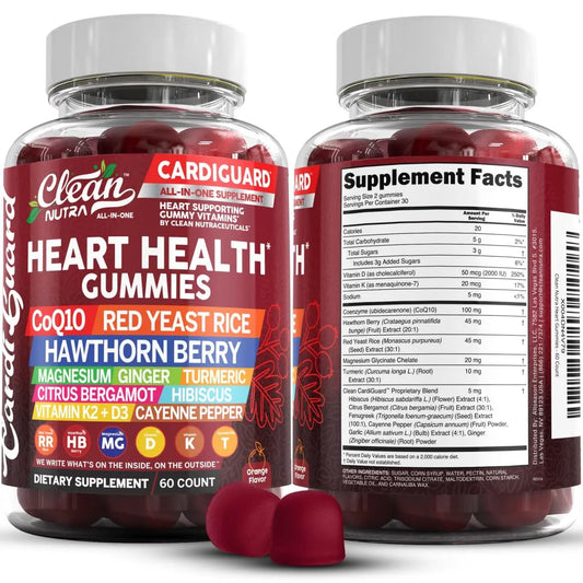 Clean Nutraceuticals Coq10 Gummies | Red Yeast Rice Hawthorn Berry Ginger Turmeric Citrus Bergamot Hibiscus Vitamin K2+D3 Magnesium Glycinate Cayenne Pepper Fenugreek Orange Flavor CardiGuard Clean NutraceuticalsAU supplements