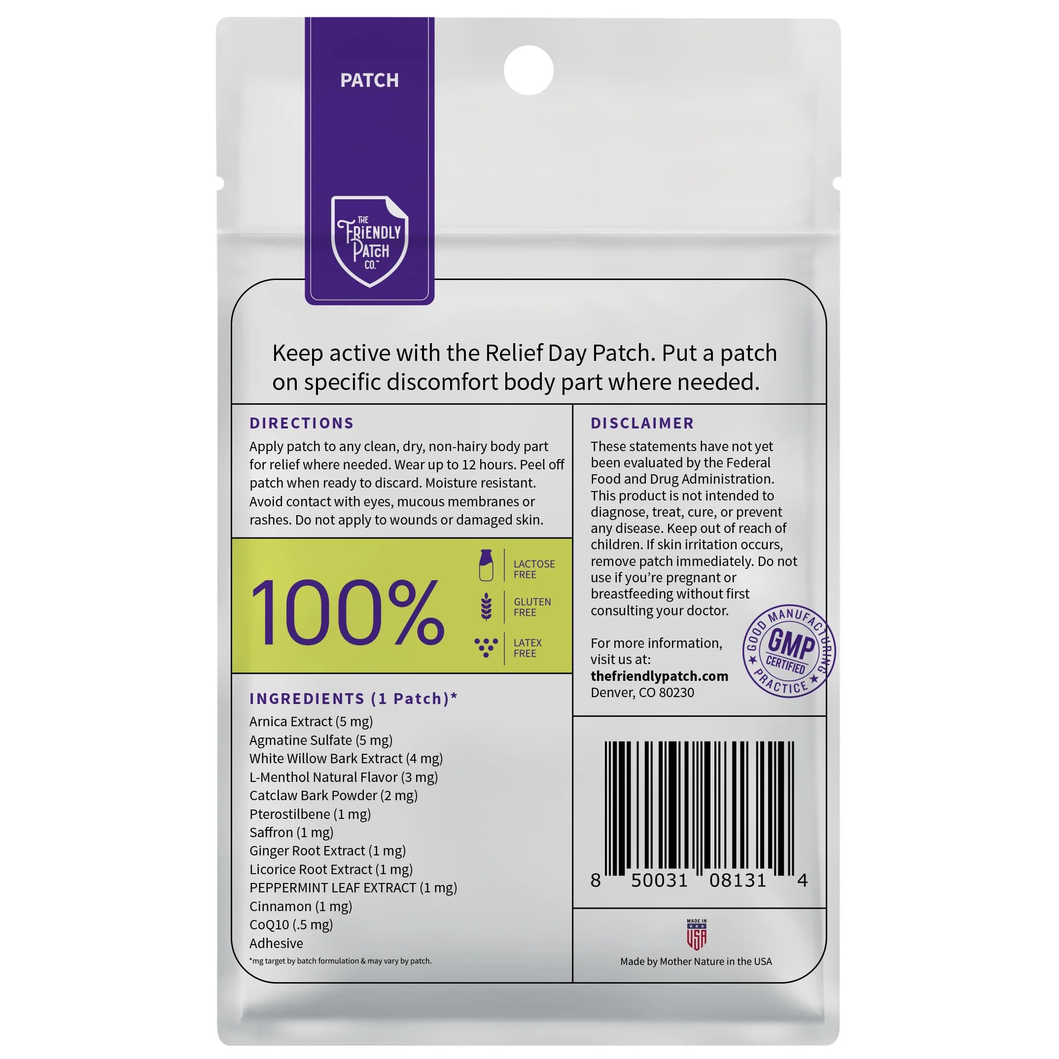 Relief Day Patch - Arnica, White Willow Bark, Saffron & Peppermint for Soreness and discomfort for Women and Men The Friendly Patch CO. Au supplements